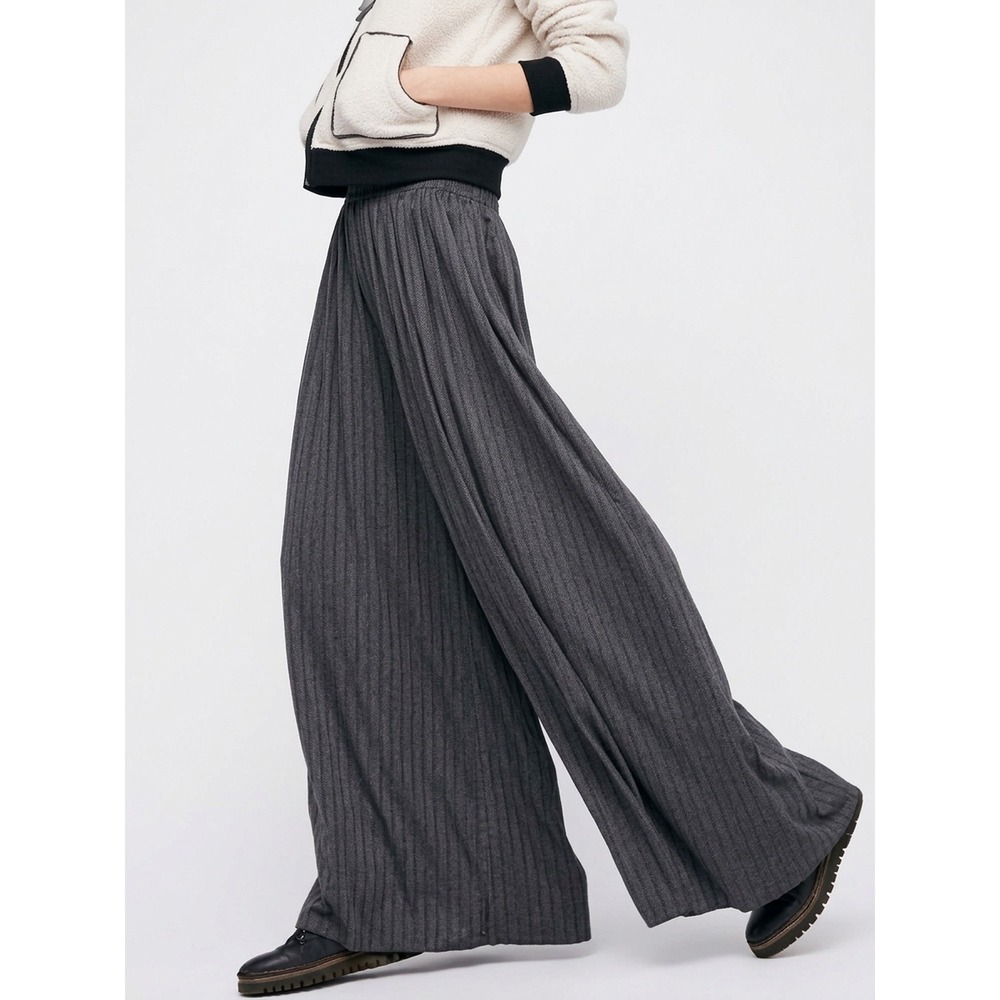 Free People Beach Wide Leg Pleated Ribbed Knit Pants Gray XS Smocked Waist